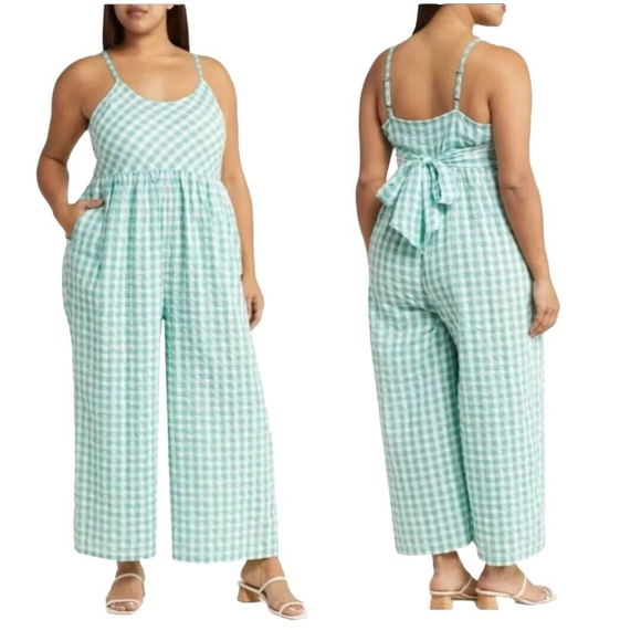 Nordstrom 100% Organic Cotton Green Gingham Tie Back Jumpsuit NWOT Plus Size 1X - Picture 1 of 8